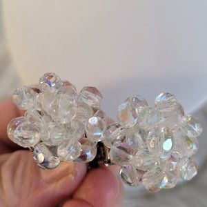 Vintage Crystal Art Nouveau Faceted Clip On Earrings Clear